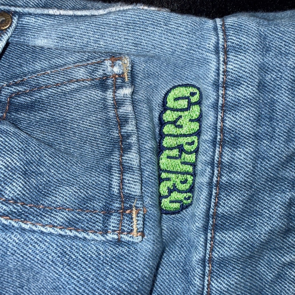 Empyre Blue Straight Leg Jeans with Green Embroidery